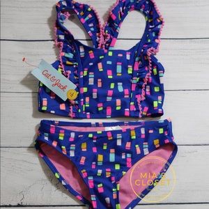 NWT Cat & Jack Navy with Pink Trim 2Pc Swimsuit